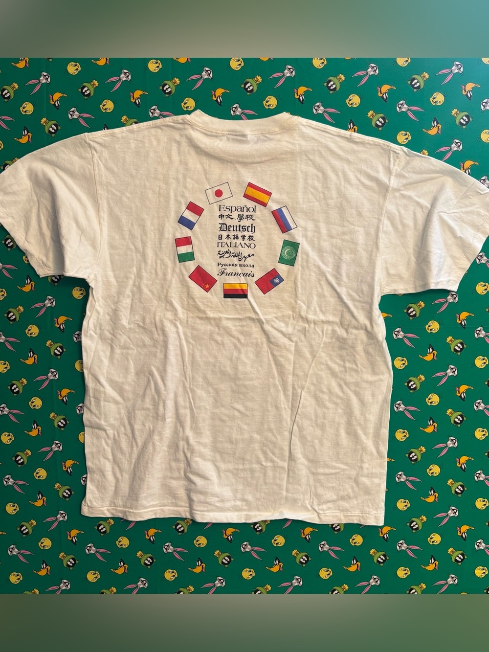 White Short Sleeve Language Flags Graphic Tee